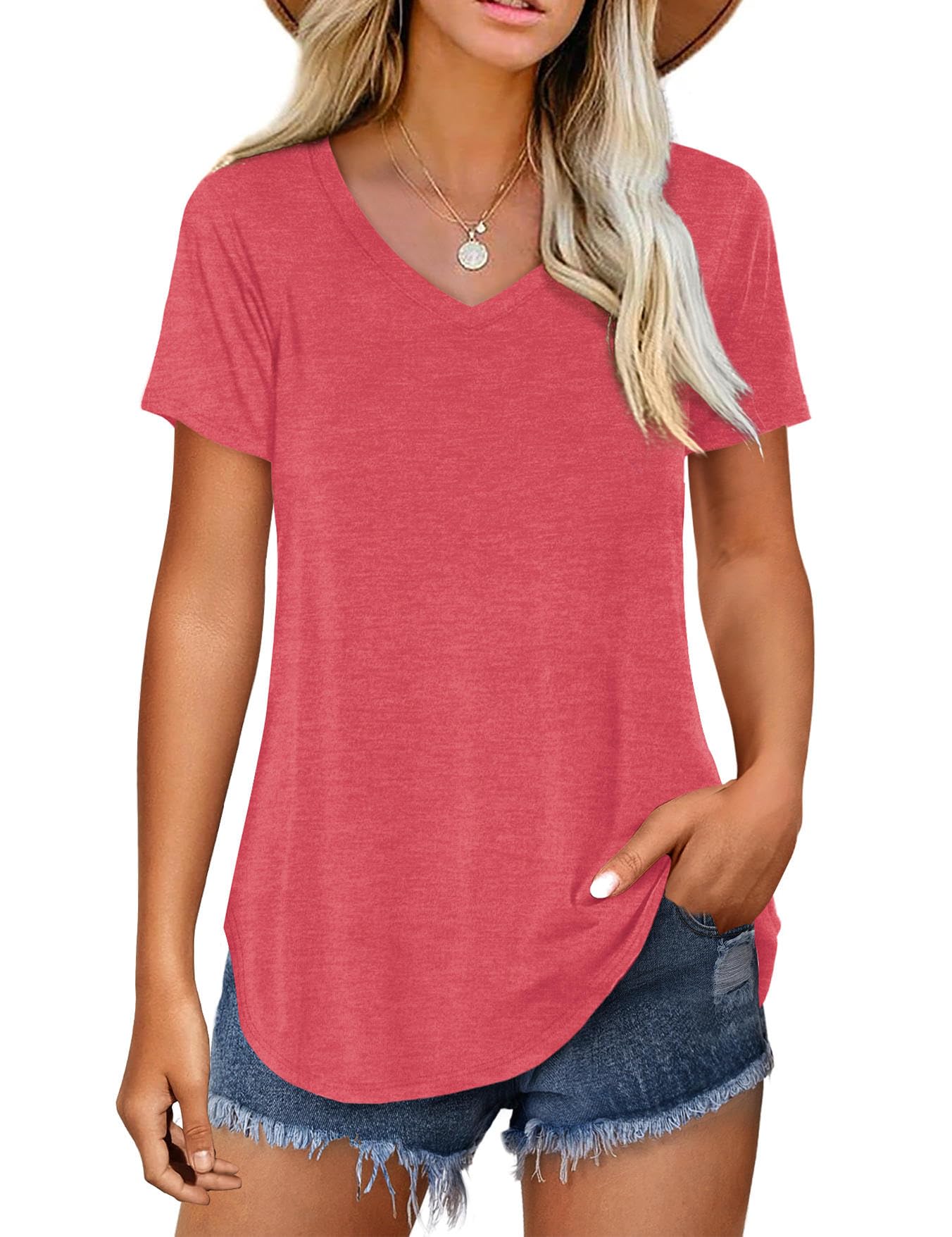 Amoretu Women V Neck T-Shirt Casual Short Sleeve Plain Tee Shirts Blouses