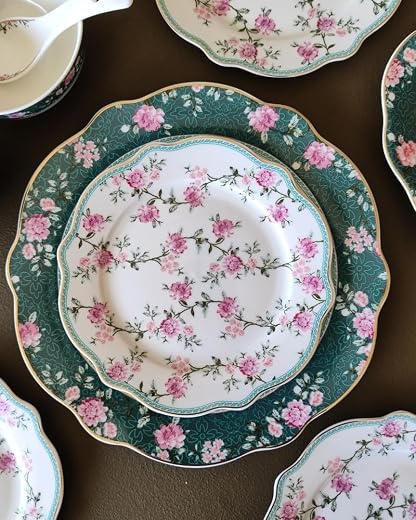 White Gold Porcelain 37-Piece Floral Dinner Set – Serving for 6 | Elegant White & Gold Tableware with Plates, Bowls & Serv...