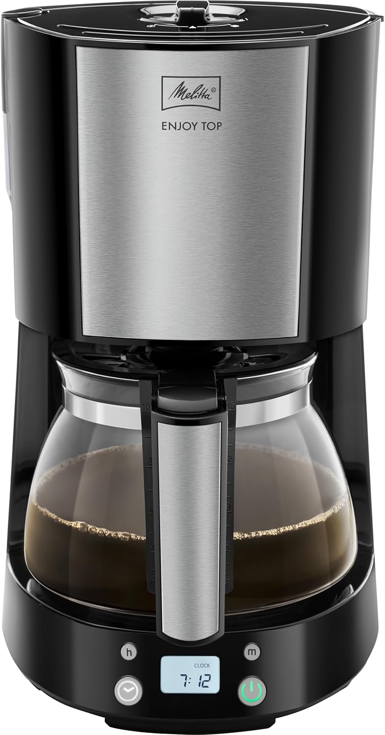 Melitta Enjoy Top Timer filter coffee machine, front view with glass carafe.