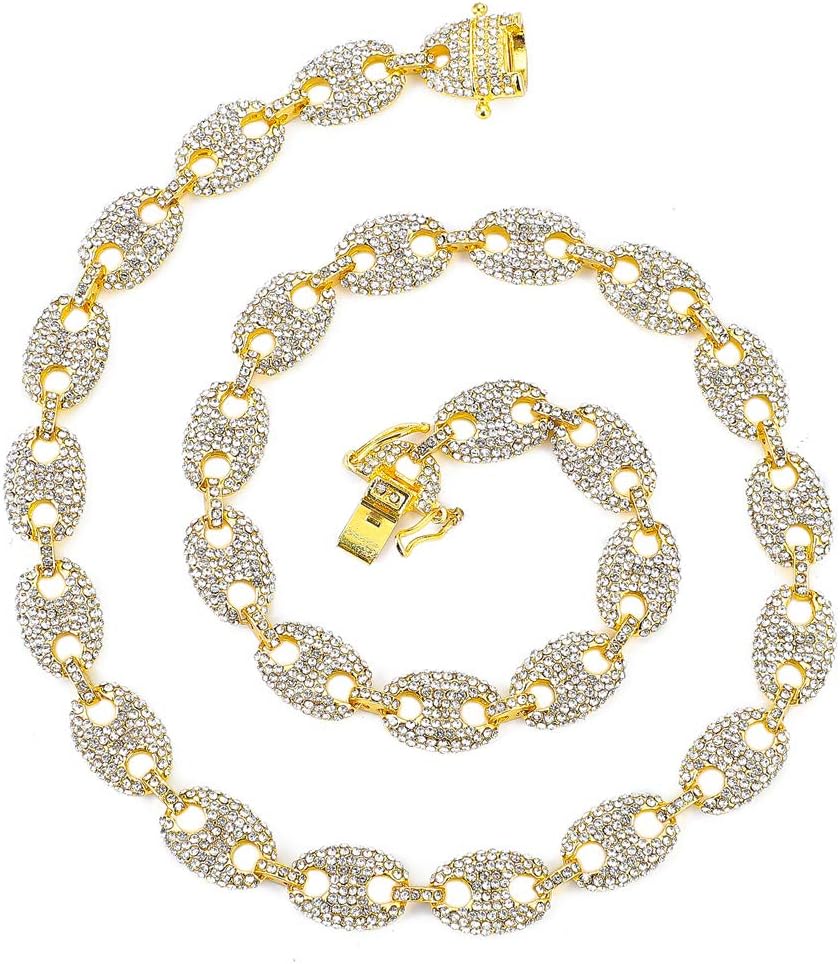 FW JewelryGold Mariner Cuban Link Chain for Men, Silver Iced Out Diamond Coffee-bean Cuban Link Chain Necklaces,Hip Hop Rapper Jewelry Chains 16-30 Inches