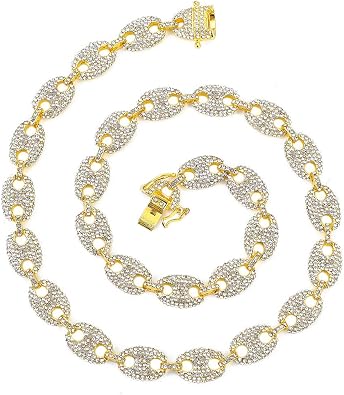 Gold Mariner Cuban Link Chain for Men, Silver Iced Out Diamond Coffee-bean Cuban Link Chain Necklaces,Hip Hop Rapper Jewelry Chains 16-30 Inches