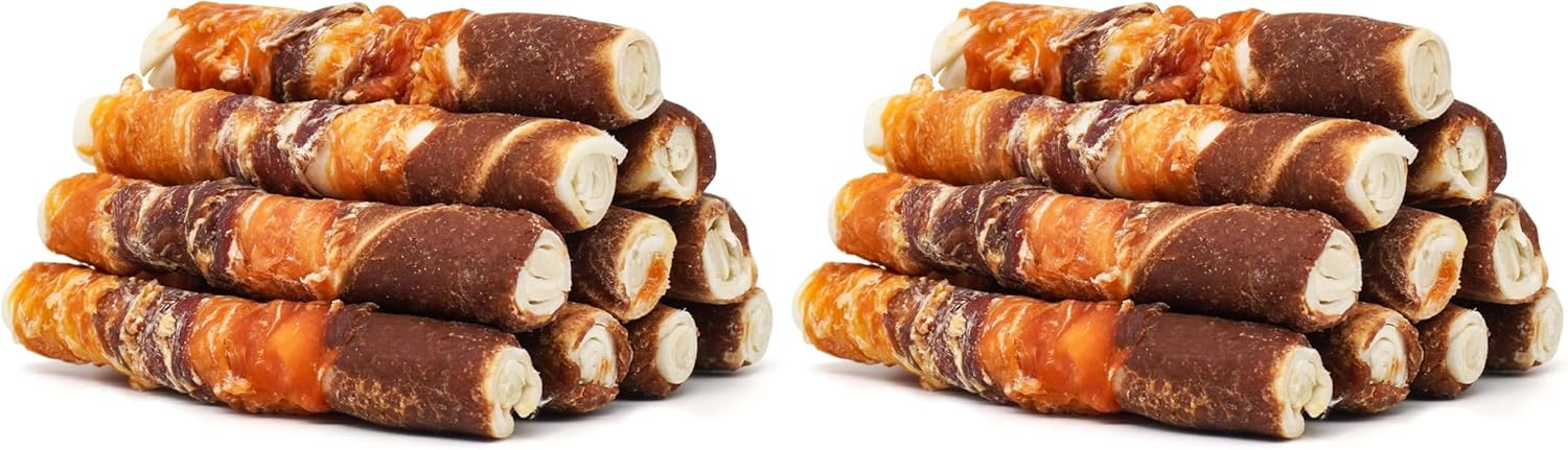 MON2SUN Dog Treats, Triple Flavor 6 Inch Chicken Liver Duck and Chicken Wrapped Rawhide Sticks, Teeth Cleaning Snacks for Medium Dogs, 17.6 oz (10 Count-Pack of 2)