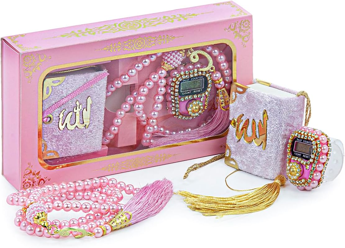 ihvan online Mini Velvet Quran Set with Islamic Finger Counter, Portable Digital Tasbeeh, Muslim Prayer Beads, Pearl Zikirmatic Beads, 3 Pieces Gift Set for Mevlüt (Pink)