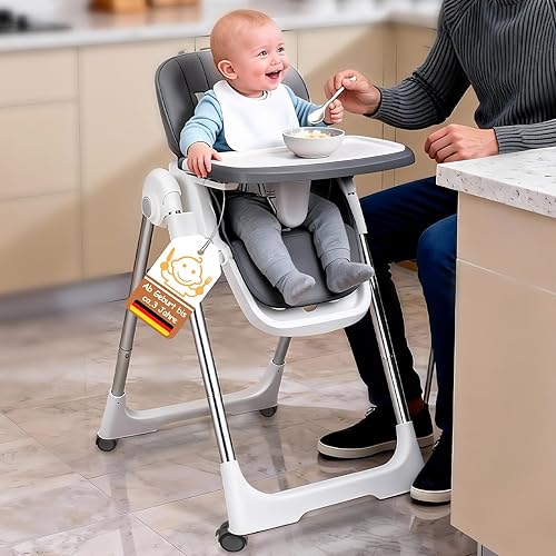 Soontrans Hochstuhl Baby, Sicher am Familientisch zum Essen Spielen Entdecken, Mitwachsend Ab Geburt bis Kleinkind, Liegeposition & Höhenverstellbar & Klappbar, aus Metallrahmen & Gepolstert(Anthrazit
