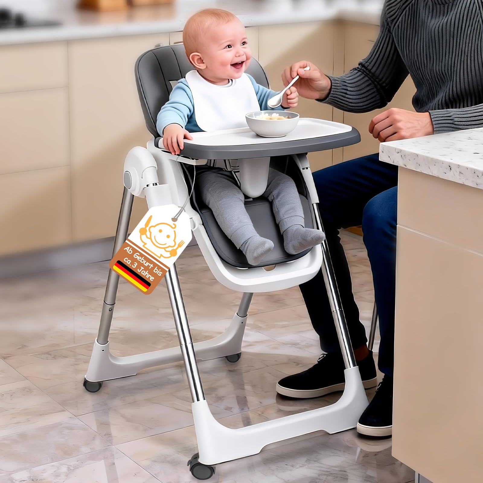 Soontrans Hochstuhl Baby, Sicher am Familientisch zum Essen Spielen Entdecken, Mitwachsend Ab Geburt bis Kleinkind, Liegeposition & Höhenverstellbar & Klappbar, aus Metallrahmen & Gepolstert(Anthrazit
