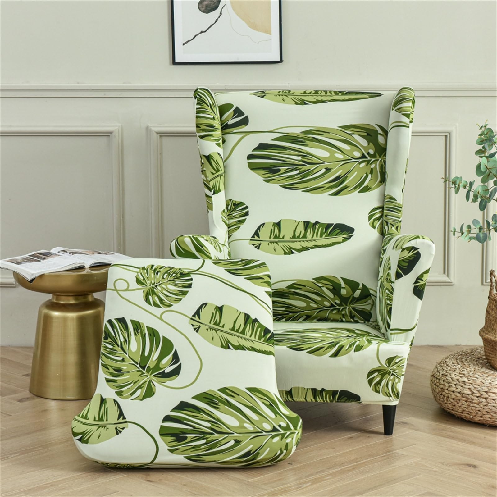 Hixingo Wingback Chair Covers 2 Piece Set, Armchair Covers, Floral Pattern, Soft Design Stretch Chair Covers, Wing Chair Slipcover for Living Room Bedroom Hotel Furniture Protector (Green leaves)