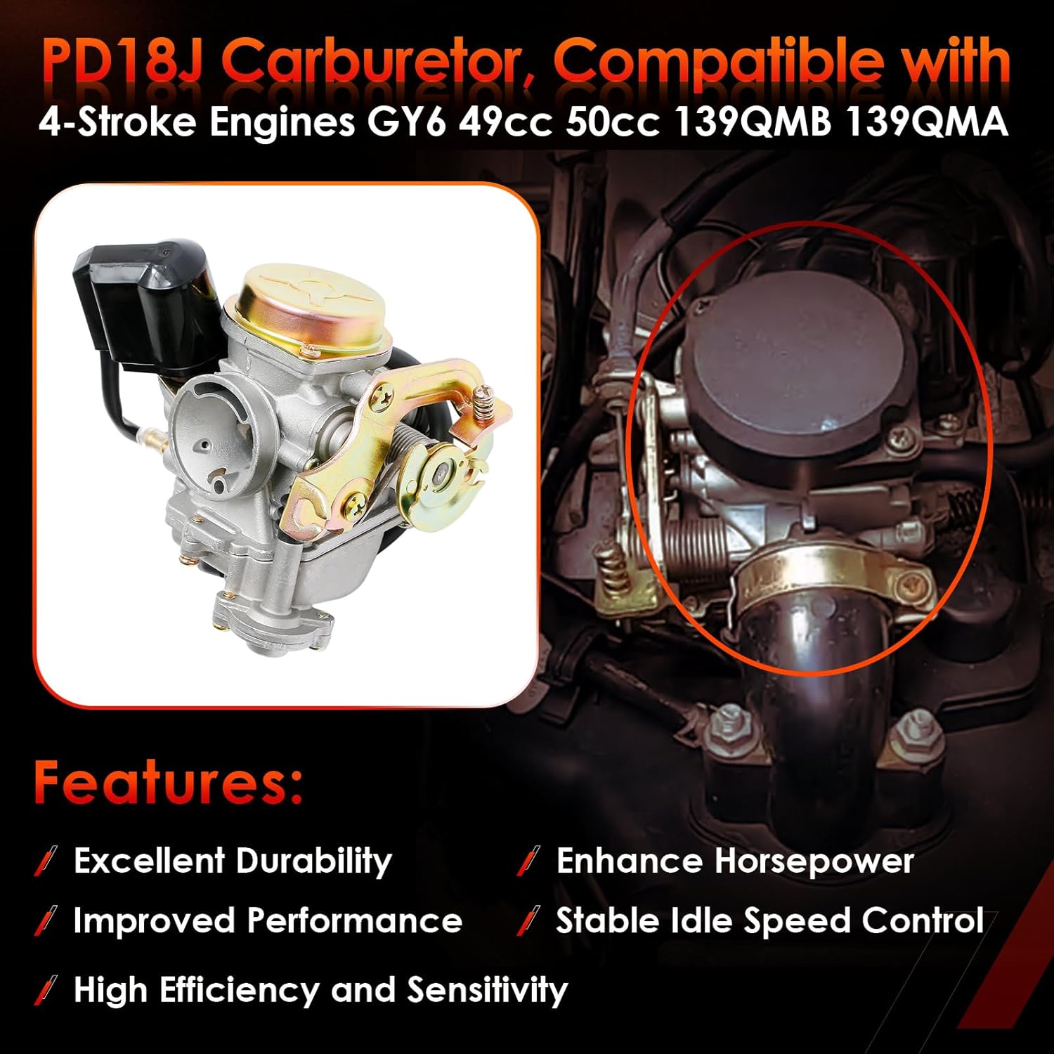 GY6 50cc Carburetor PD18J Carb 18mm Compatible With 4 Stroke 49cc 50cc 80cc 139QMB 139QMA Moped Engine for Taotao Kymco Scooter with Fuel Filter Spark Plug Intake Manifold