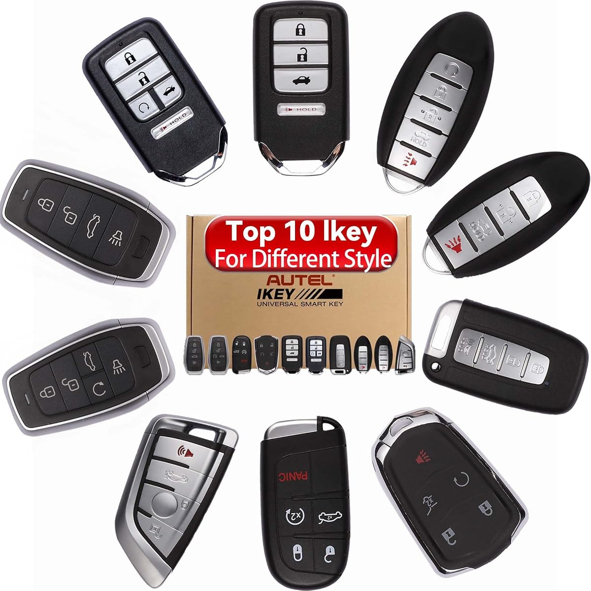 Ikey MaxiIM IKEYTOP10 Universal Smart Key 10 Pack, for Chrysler Dodge Hyundai BMW GM H0nda Nissan Vehicles Key Replacement, 315/433MHz Frequency, Programmed by IM608 Pro II IM508S KM100