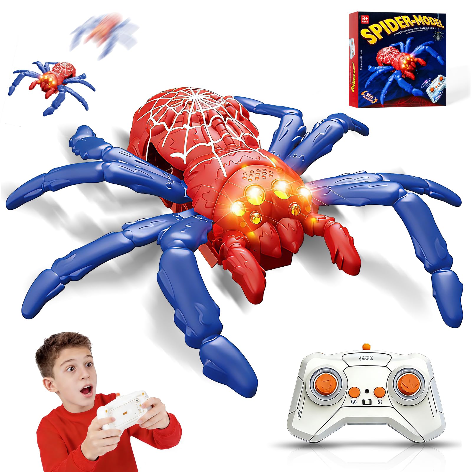 Wall Climbing Spider Remote Control Spider Toy, Rechargeable RC Creepy Crawler with Glowing Eyes for Walls &amp; Ceilings, Prank Halloween Birthday Gift for Kids Boys Girls Ages 3+ (Red)