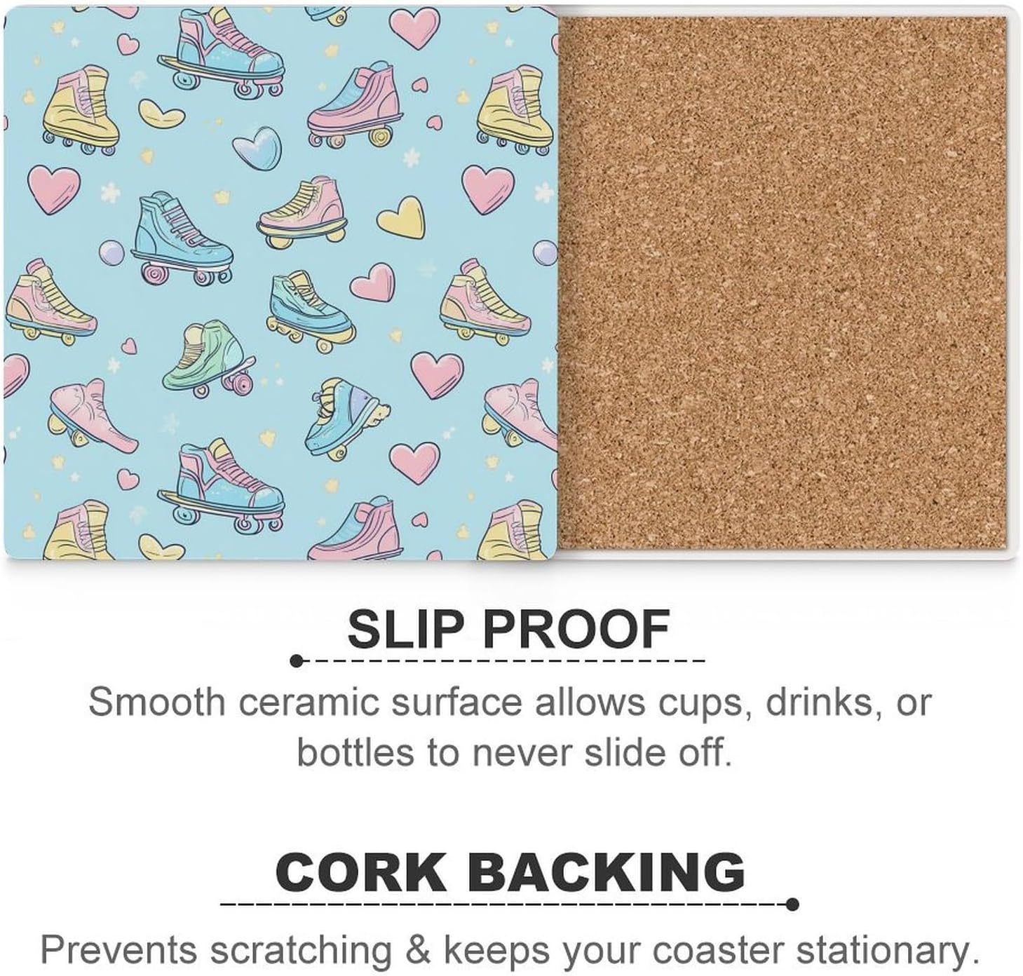 90s Skater Pattern Skating Funny Ceramic Coasters for Drinks Absorbent Cup Holder Tabletop Protector with Cork Base