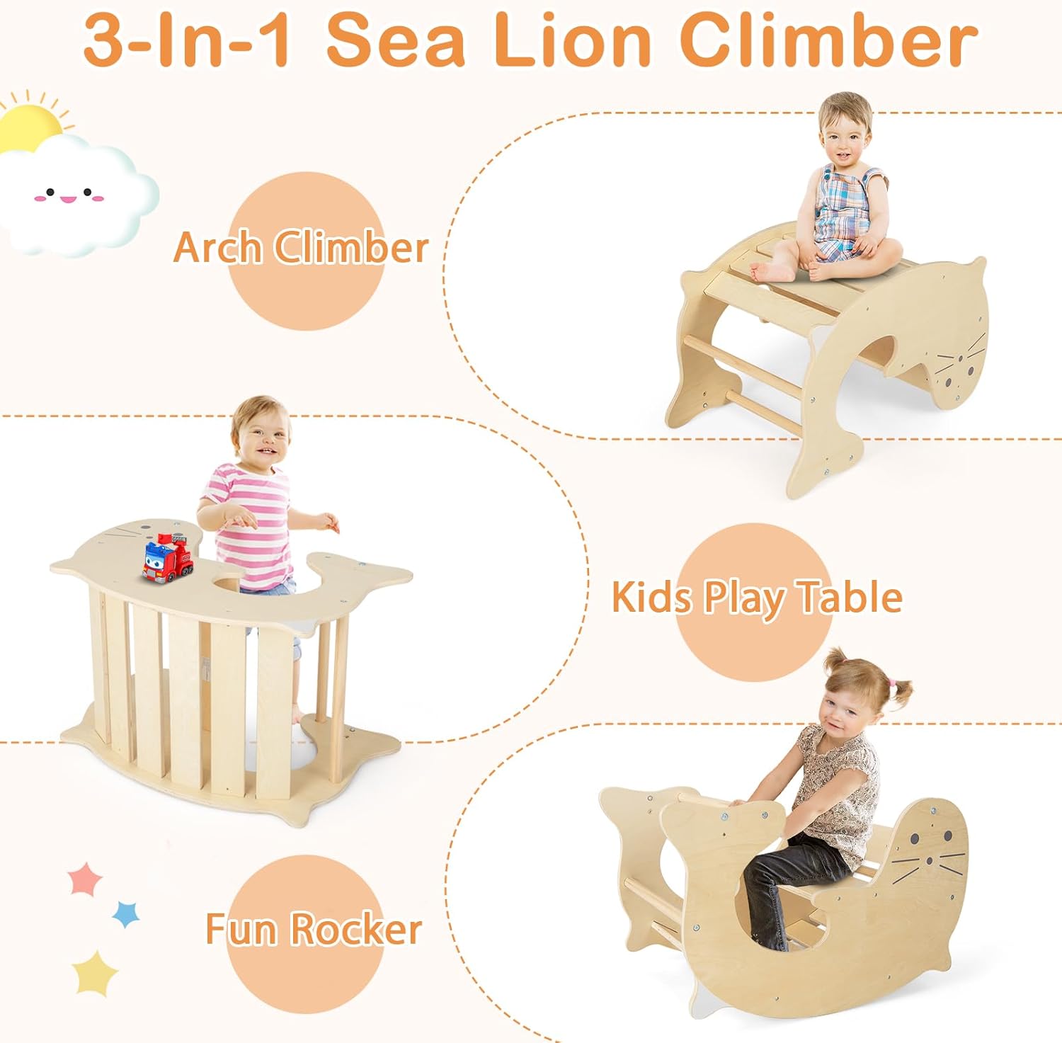 HONEY JOY 7 in 1 Climbing Toys for Toddlers, Wood Triangle Climber w/Ramp for Sliding or Climbing, Rocker, Foldable Montessori Triangle Climbing Arch Set for Daycare, Gym & Playground, Natural