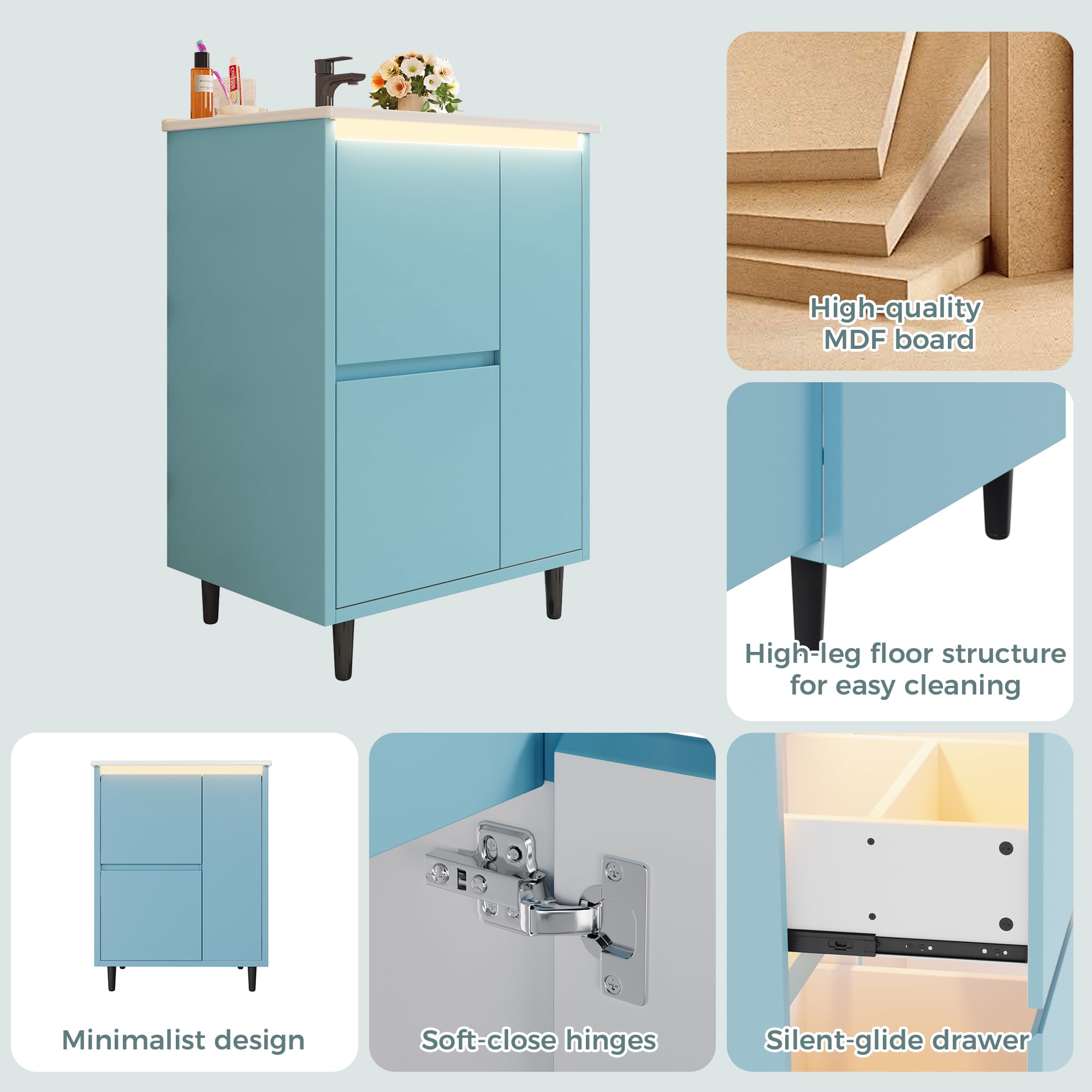 Tocador de baño independiente, 61 x 46,5 x 87 cm, lavabo de cerámica integrado, superficie completamente lacada, dos cajones, diseño de pie alto, color azul