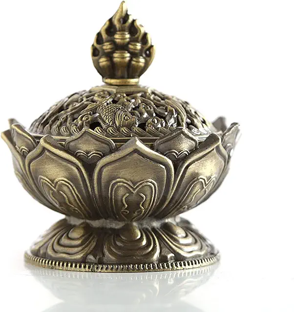 Brûleur d'encens Lotus Bronze en Alliage de Zinc avec Couvercle pour Charbon