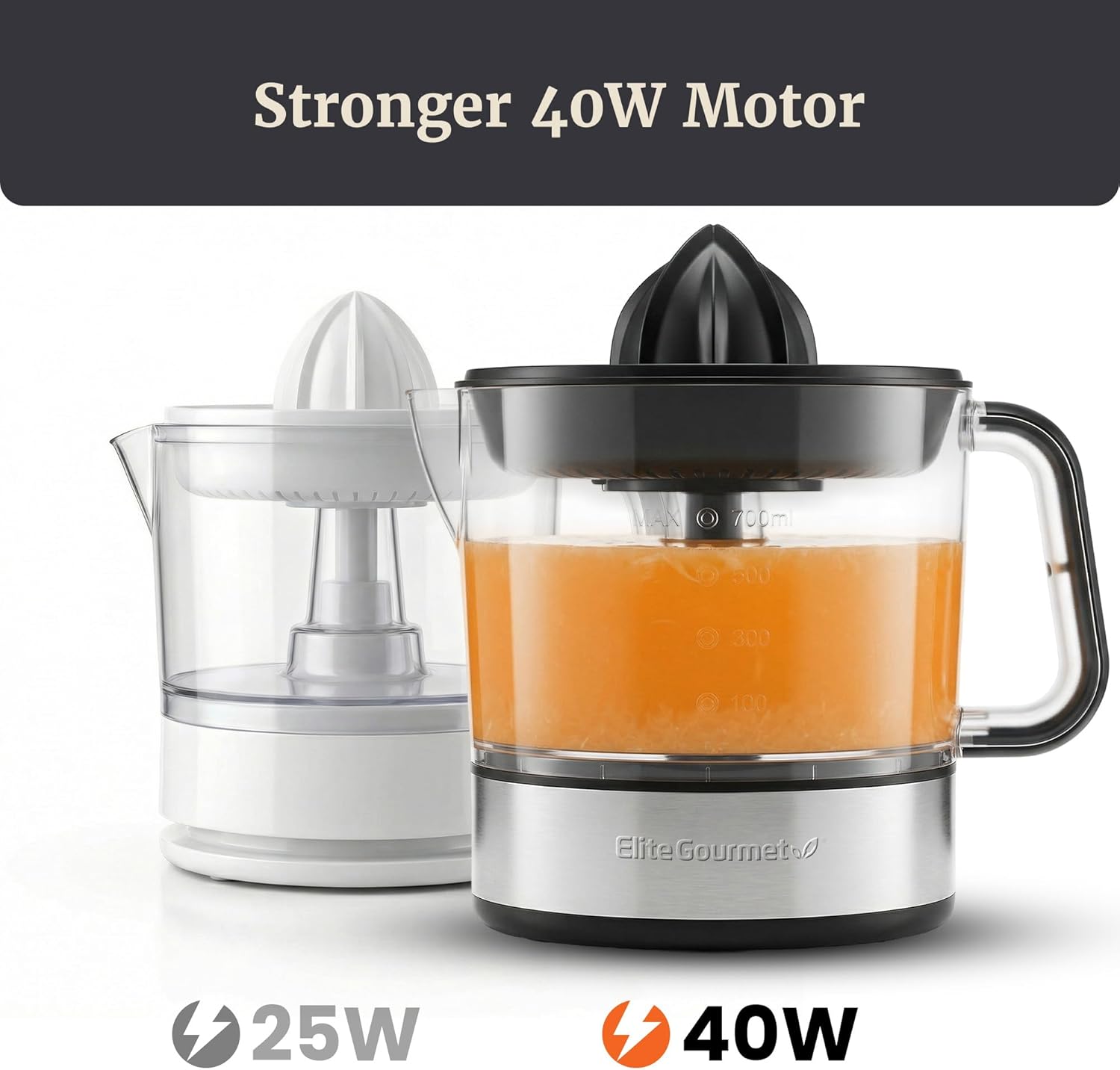 Elite Gourmet ETS326 BPA-Free 40-Watt Electric Citrus Juicer, Compact, Large Volume, Pulp Control, Oranges, Lemons, Limes, Grapefruits with Easy Pour Spout, 24oz, Black/Stainless Steel