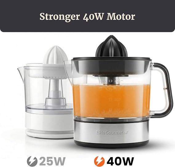 Elite Gourmet ETS623 Electric Citrus Juicer, 24 oz, Black/Stainless Steel | BPA-Free 40-Watt motor, compact large-volume pulp control - juices oranges, lemons, limes & grapefruits, easy-pour spout