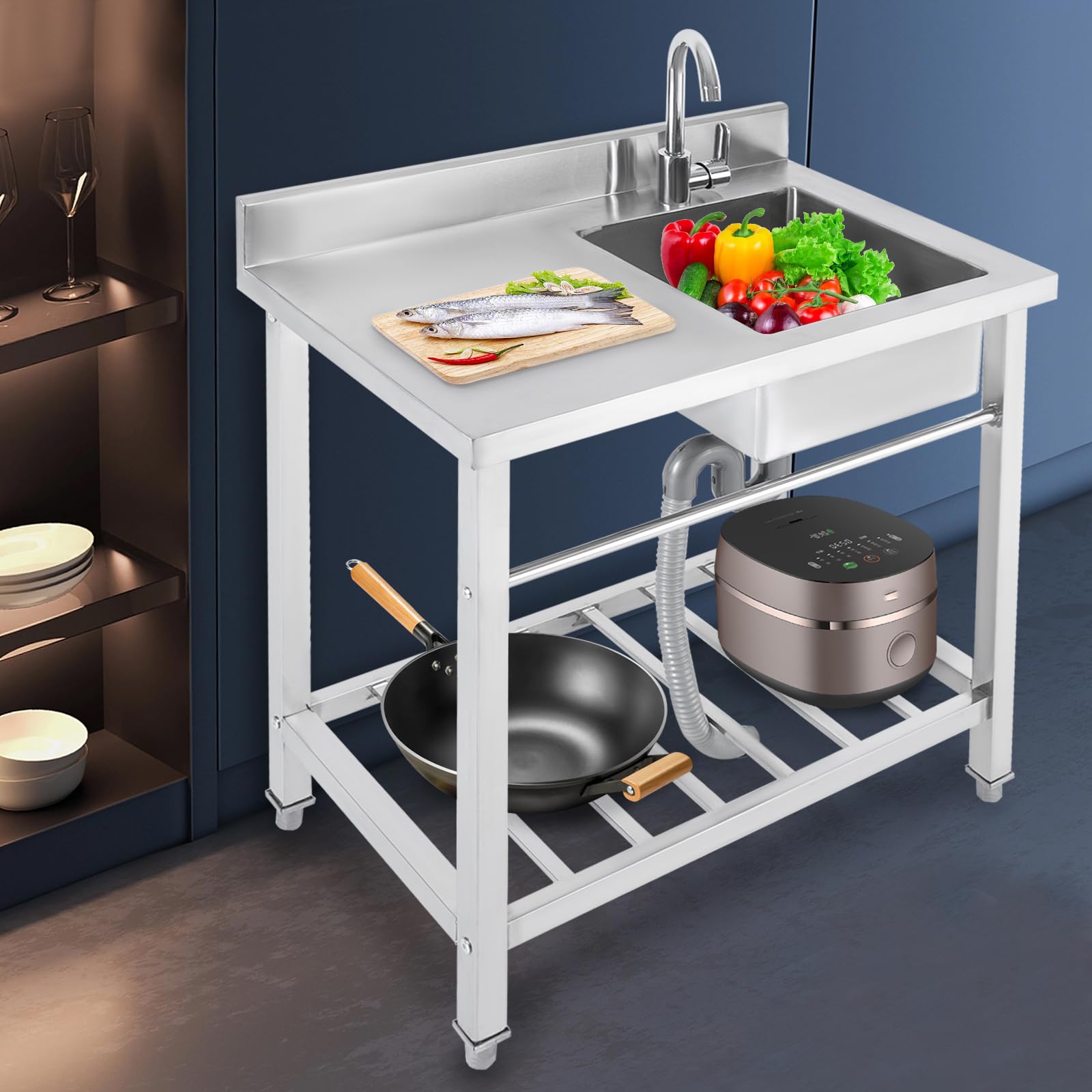 Fregadero independiente de acero inoxidable con soporte y grifo, 1 lavabo grande y encimera, juego completo para exterior, patio trasero, cocina, restaurante, jardín