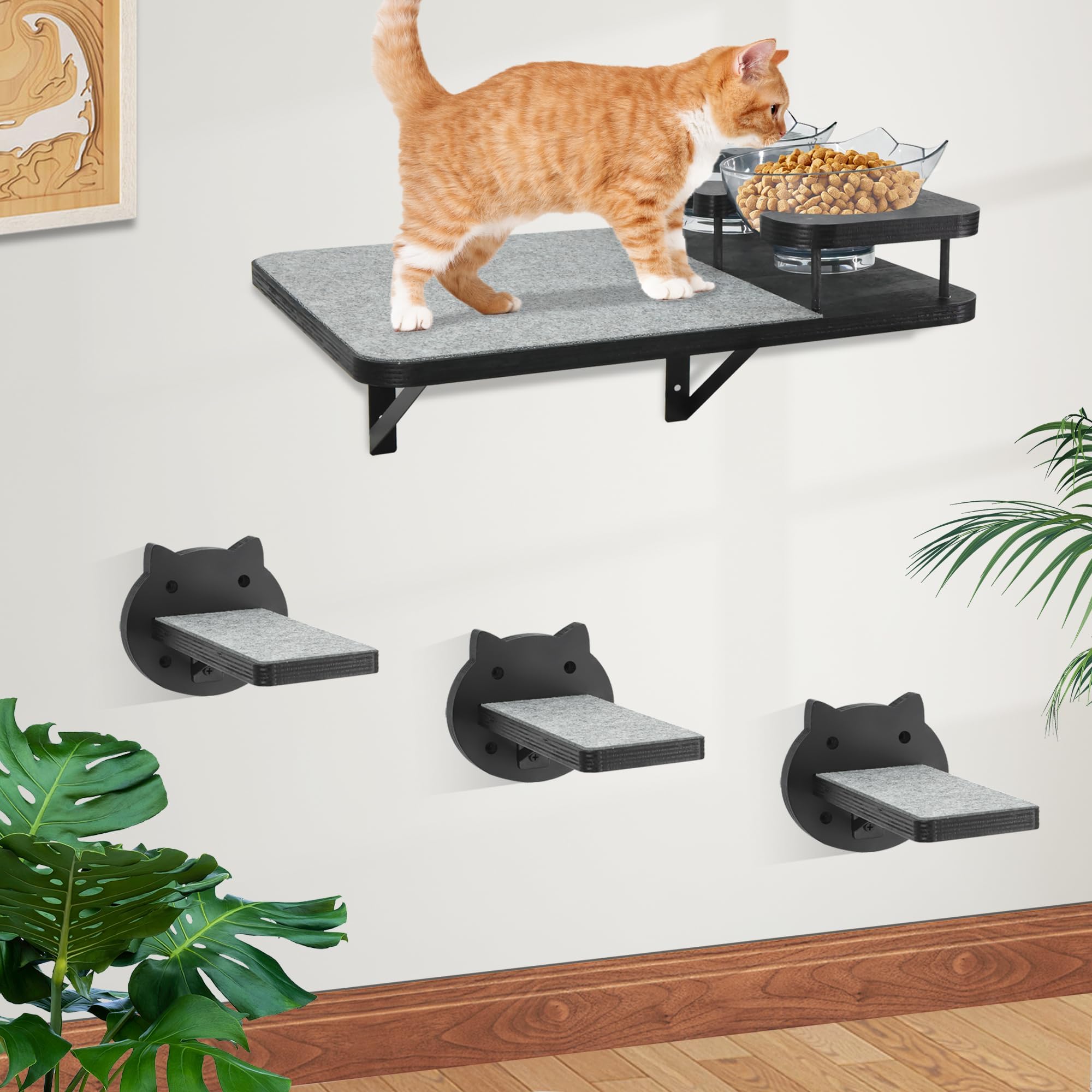 Katzen-Wandregale, Möbel-Set mit 2 Futternäpfen, Kletterwandsysteme aus Holz mit Kratzunterlage und 3 Stufen, schwebende Regale, Bettsitzstangen, Wandmontage für den Innenbereich, passend bis zu 6,8