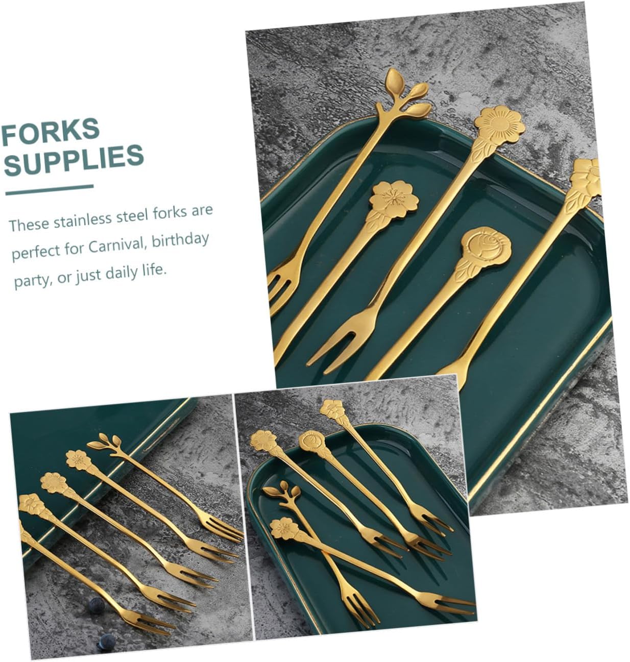 10pcs Stainless Steel Two Teeth Fruit Forks Dessert Tasting Forks Multi-pattern Portable for Parties and Home Use