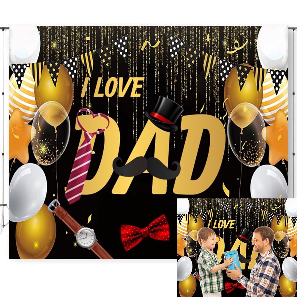 Caaerttply Happy Father's Day Backdrop 10x8ft Father's Day Photo Backdrop Blue Shirt Tie Glitter Balloon I Iove Dad Festival Party Photography