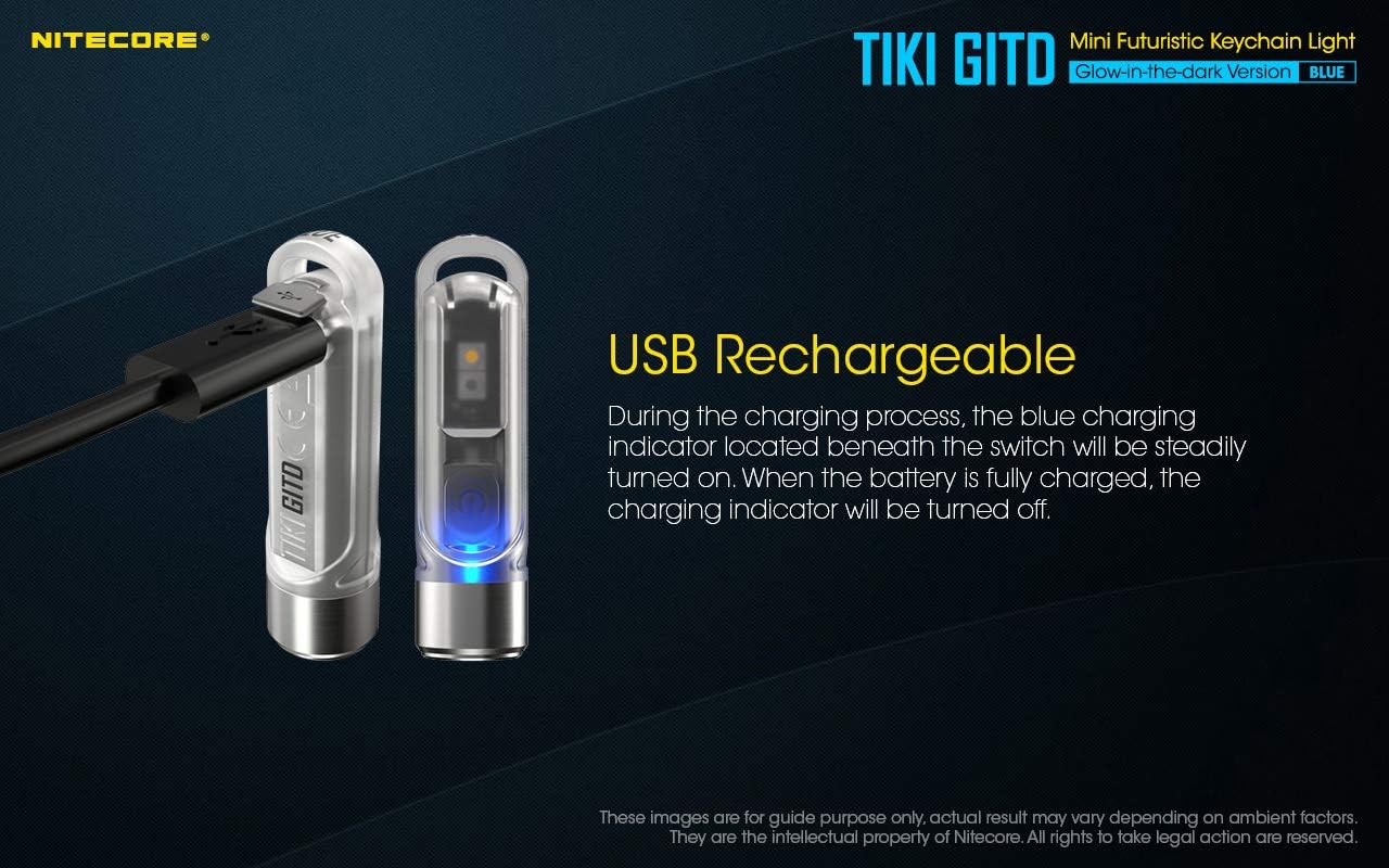 Nitecore Tiki GITD Blue Keychain Flashlight with UV & High CRI Light, 300 Lumen Everyday Carry EDC USB-C Rechargeable with Charging Cable
