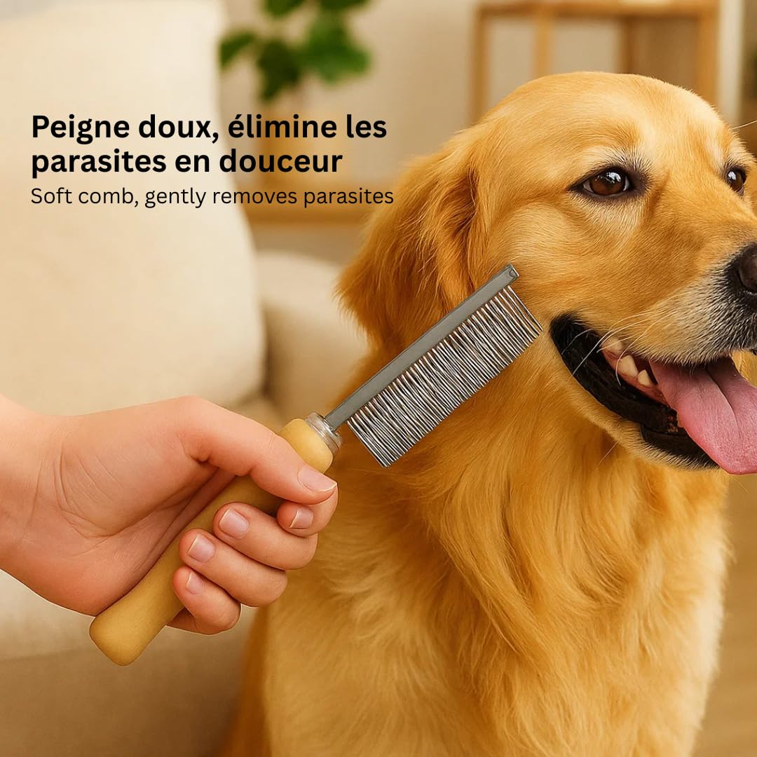 Peigne Anti-Puces avec Manche en Bois – Peigne Fin pour Chien et Chat – Élimine les Puces et les Œufs – Soin du Pelage et Bien-Être de l’Animal (16,7 cm)