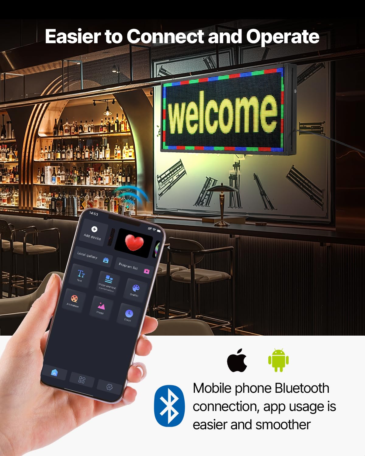 VEVOR Letrero LED Programable 67 x 35 cm Panel Digital Flexible Desplazable a Todo Color Tablero de Visualización con Patrón de Texto Personalizado Control de Aplicación Bluetooth para Publicidad