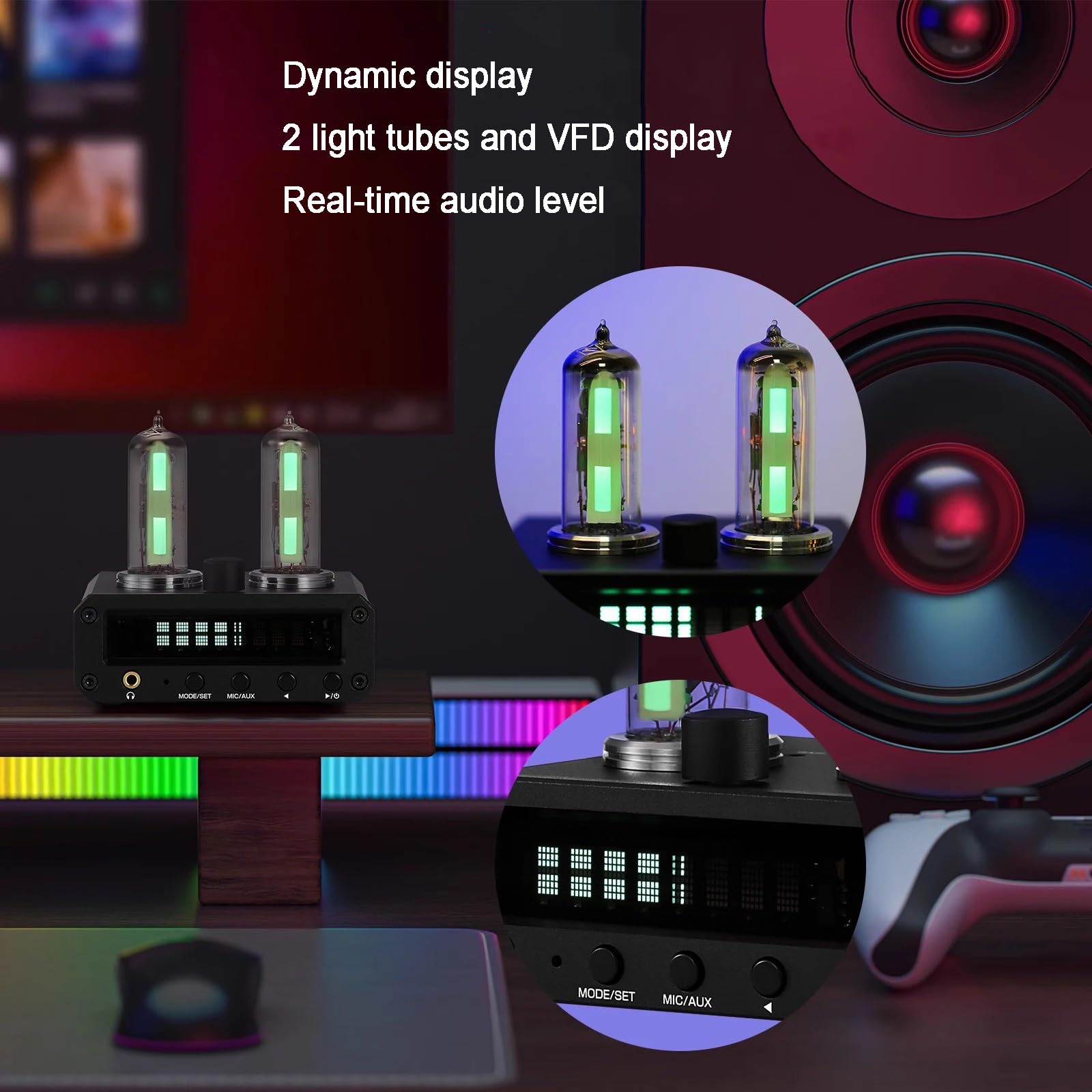 TBLOTYD Headphone Amplifier, Hi-Fi Stereo Audio Preamplifier, Tube Level Meter, with VFD Clock, Volume Controls, for Recording/Mixing/Music Practices