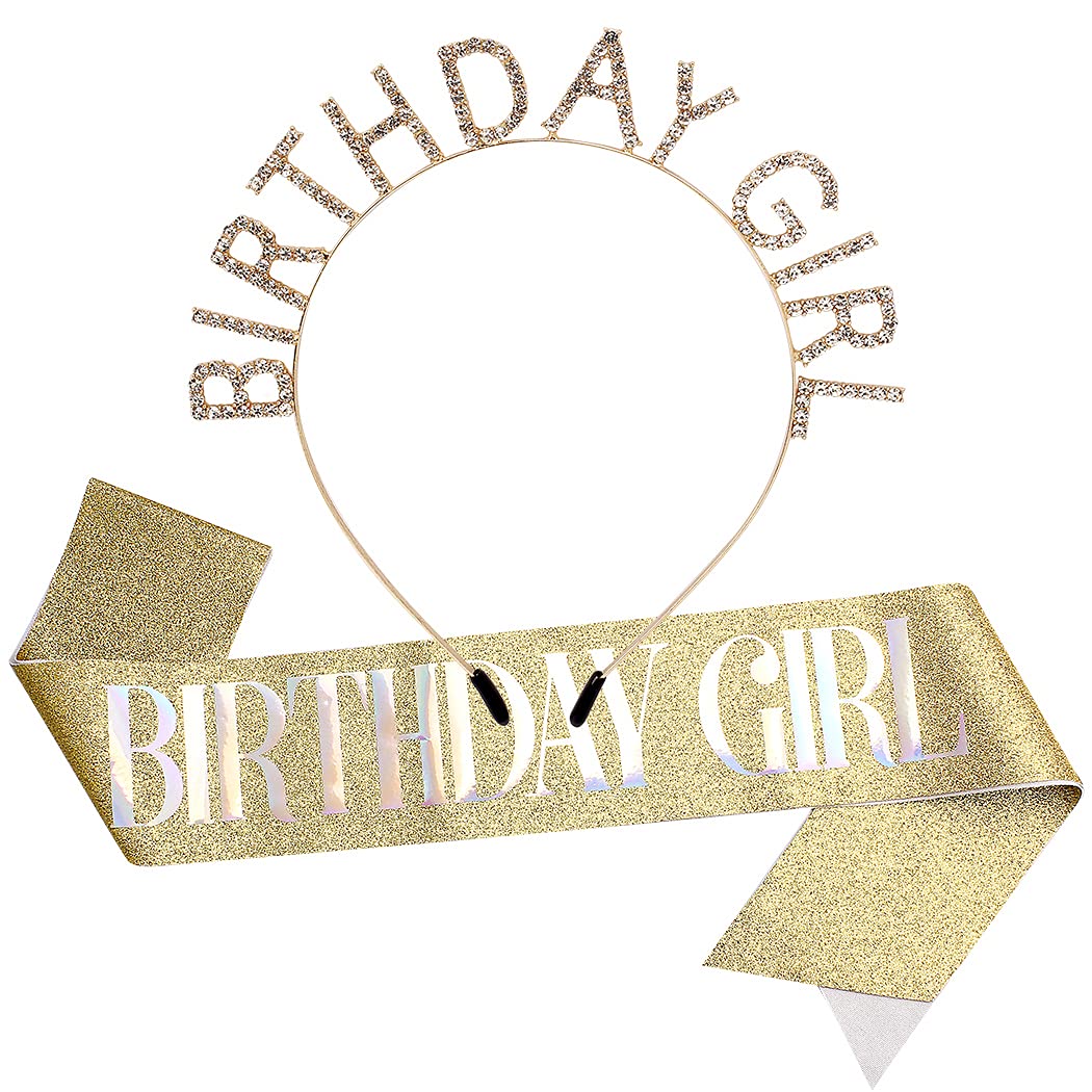 AOPRIE Birthday Crown for Women with Sash Gold White Happy Birthday Tiara for Women Girl Headband Princess Crown