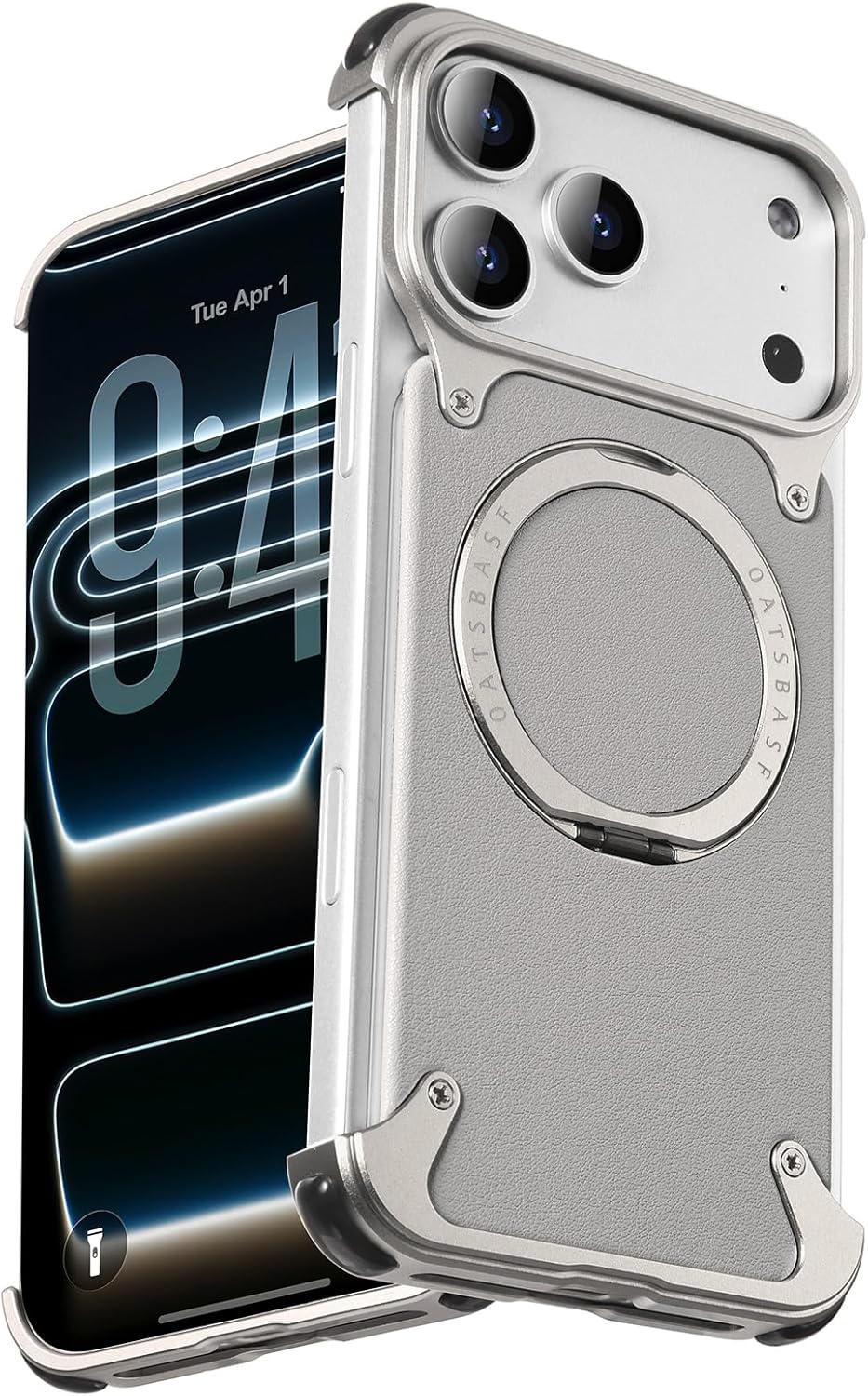 OATSBASF Frameless for iPhone 17 Pro Max Case, Sleek Minimalist Protective Shock Absorption Aerospace Grade Shells with 360° Rotating Kickstand, Leather-Natural Titanium