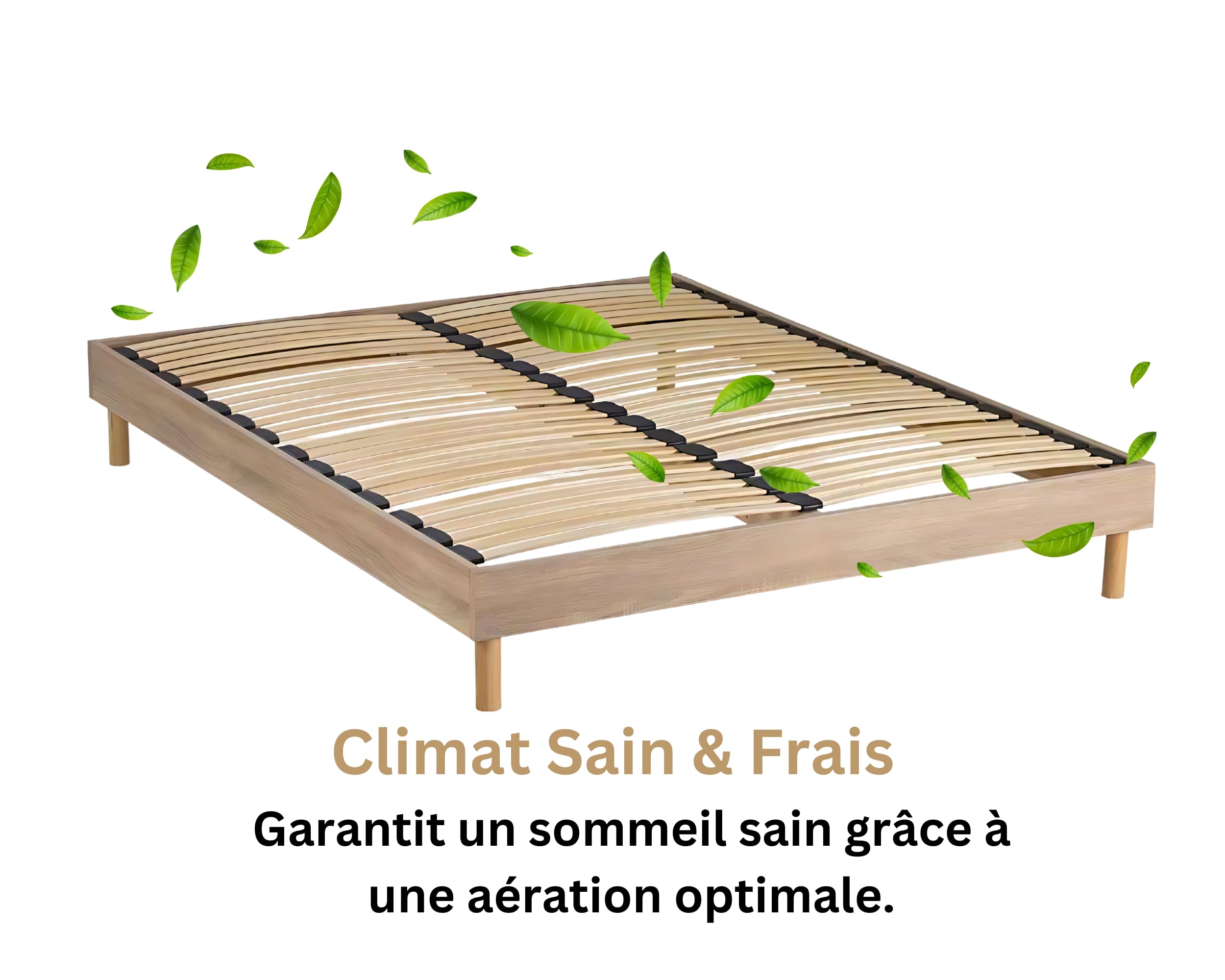 Maison Aubertin Sommier 160x200 cm Bois, à Latte, 2 Personnes, Technologie Bi-Lattes avec 4 Zones de Confort, Structure Bois Massif Solide avec Pieds Inclus, Lit Ergonomique, Montage Facile