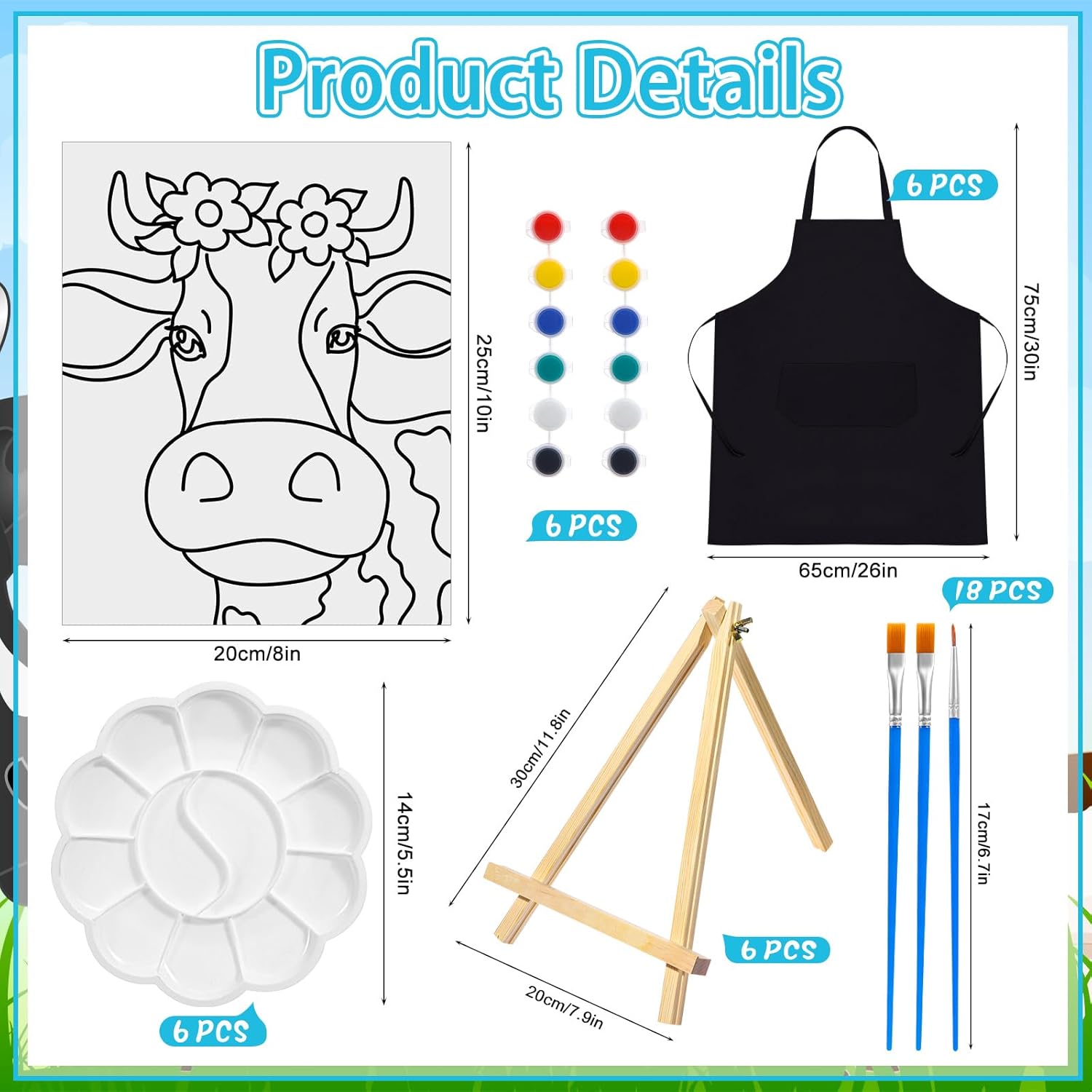 Motipuns 6 Set Pre Drawn Canvas for Painting for Adults Sip and Paint Kit with Easels 8 x 10 Inches Paint Party Kit with Printed Canvas Paints Brushes Palette Apron(Cow)