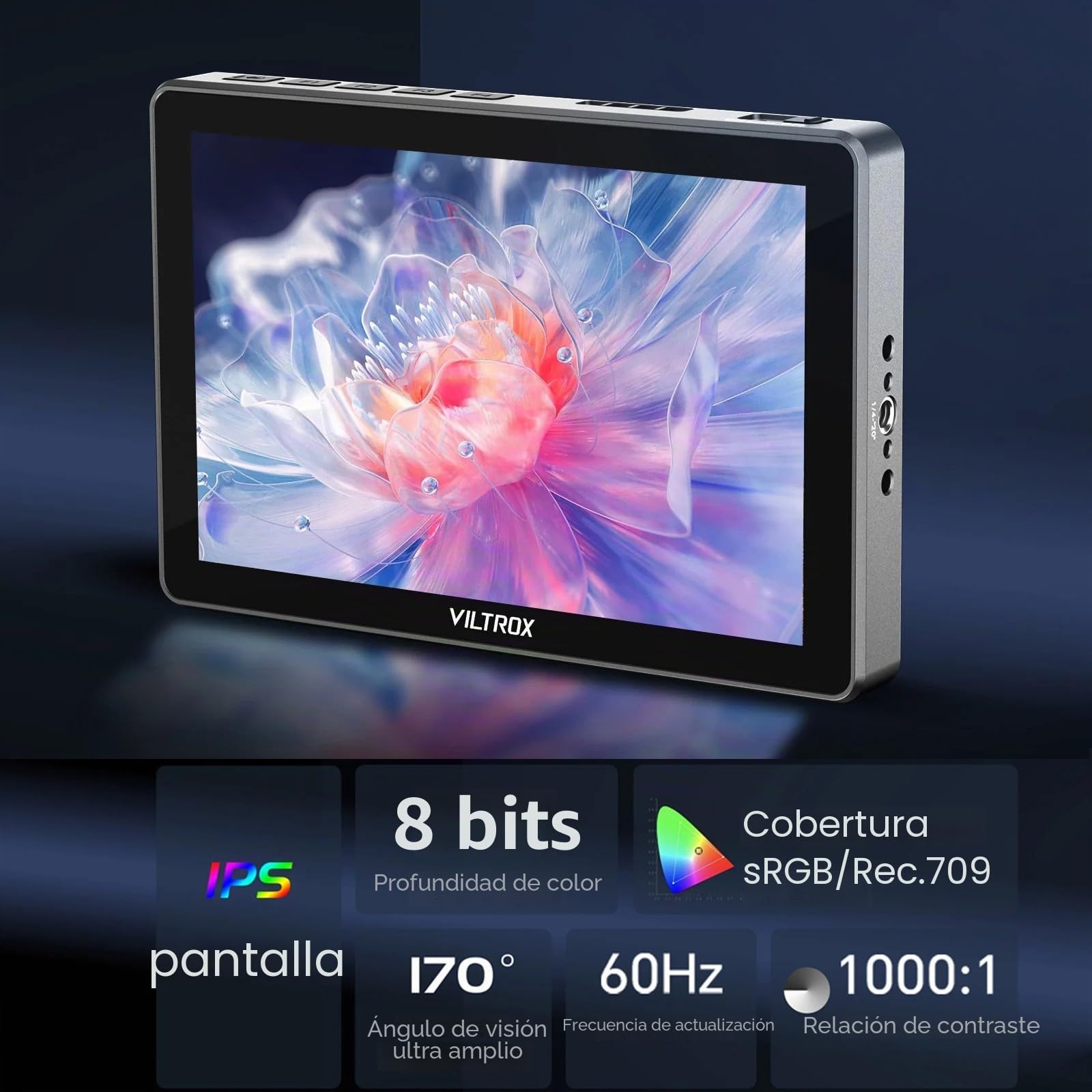 VILTROX DC-L1 7" Monitor de Campo con Pantalla táctil para cámara, Entrada/Salida HDMI 4K 60 Hz, Brillo de 600 nits, resolución 1280x800 con LUT 3D,Parasol y batería, peaking, Falso Color