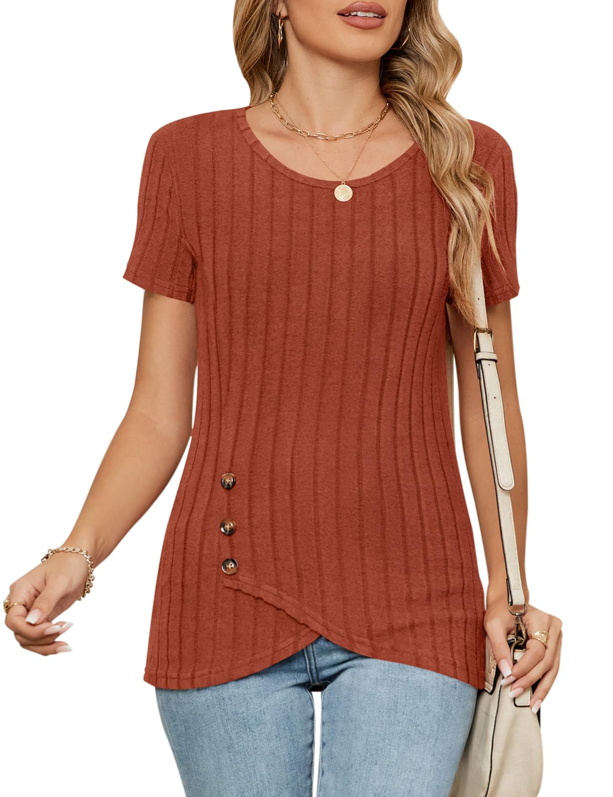 Viracy Womens Short Sleeve Blouses Spring Summer Tops Crewneck 2025 Trendy Outfits Casual Solid Color Lightweight Shirts