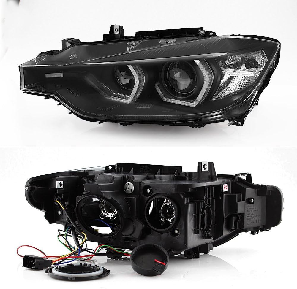 AKKON - For BMW F30 3-Series 4 Doors Sedan Black Bezel Factory Halogen Type Dual U-LED Ring Projector Headlights