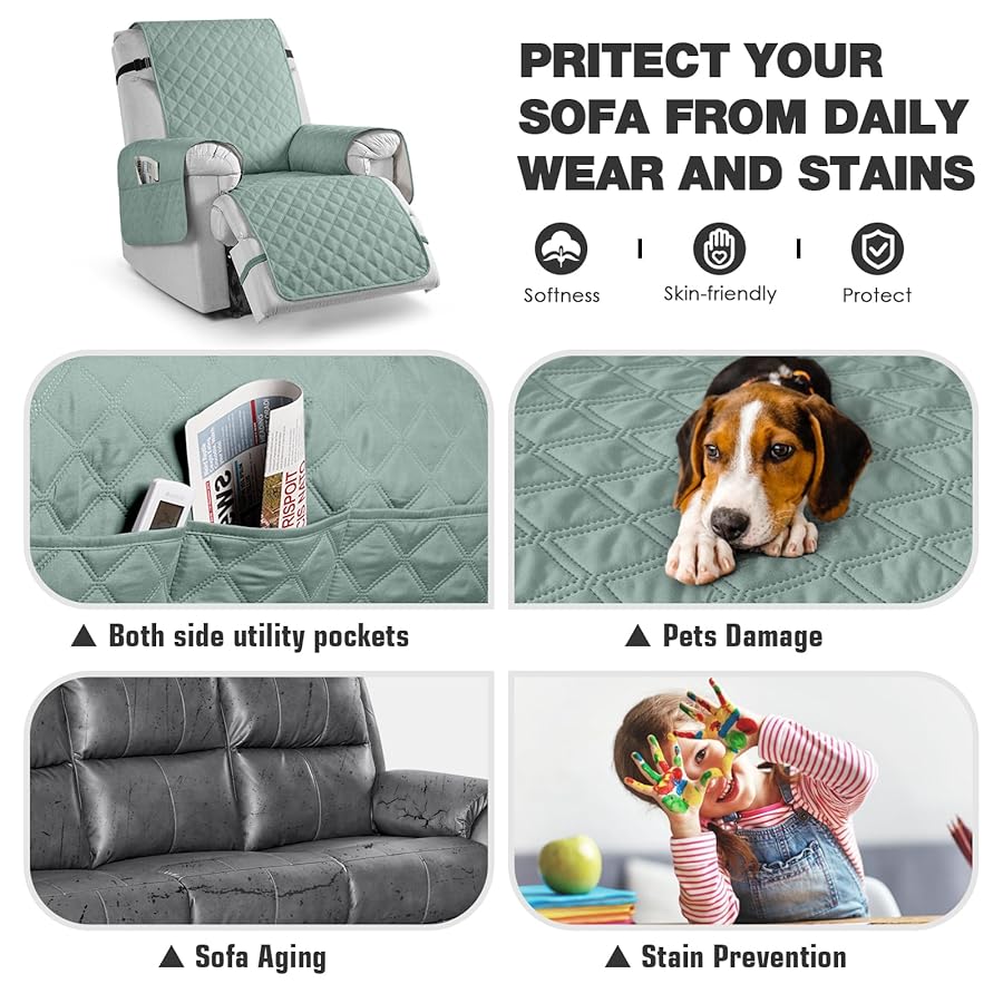 TAOCOCO 100% Waterproof Recliner Chair Covers, Reversible Recliner Covers with Leg Straps, Washable Recliner Sofa Covers for Larger Recliner Furniture Dog Protector with Pocket (Mint, 28'') - image 4