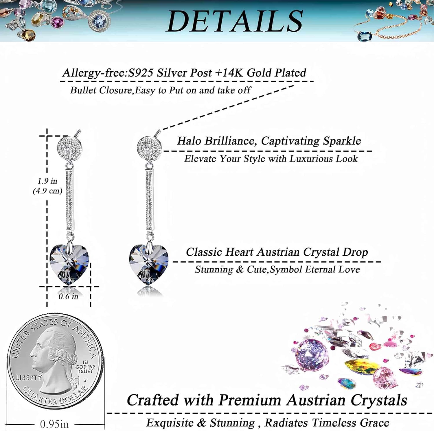Heart Austrian Crystal Drop Long Dangling Earrings for Women 925 Sterling Silver Post Hypoallergenic Jewelry - Image 4