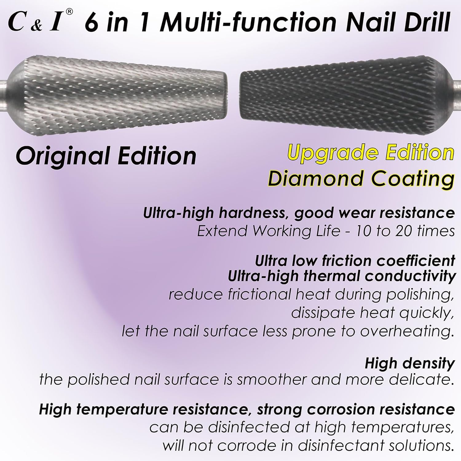 C & I Nail Drill Bit 6 in 1 Multi-function Rounded End E-file, Diamond Coat, CNC Overall Cut Nail Tools for Nail Techs Quick Remove Acrylic Nail Gels & Nail Art (Special Coat, Double Fine -XXF)