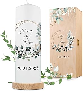 GRAVURZEILE Bedruckte Kerze - Floral Kreis - Personalisierte Traukerze mit Namen & Datum - Geschenk zur Hochzeit an das Brautpaar - Hochwertige Stumpenkerze 250/80 mm - Weiß