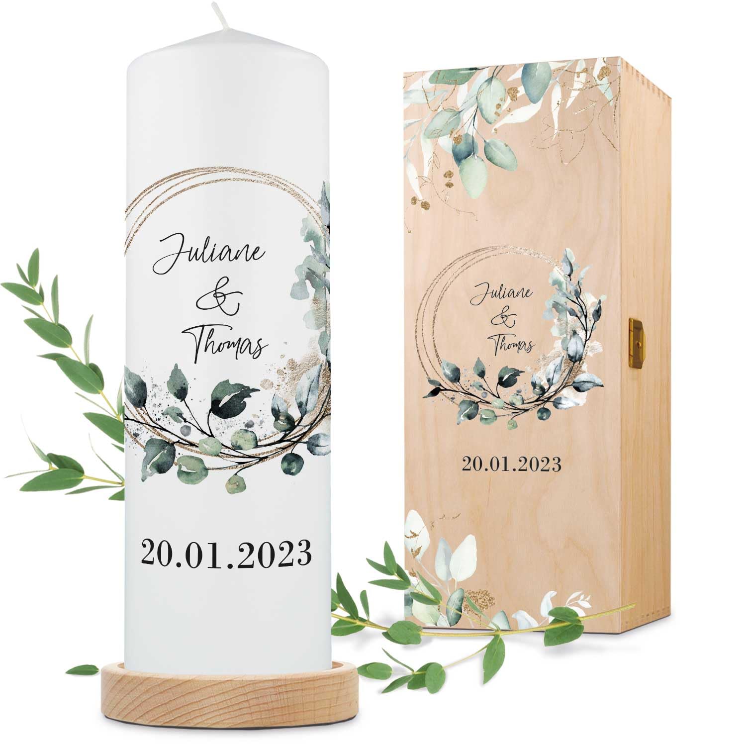 GRAVURZEILE Candela Stampata - Cerchio Floreale - Personalizzata Con Nome e Data per Nozze - Regalo per Sposi - Pilastro di Alta Qualità 250/80 mm - Bianco