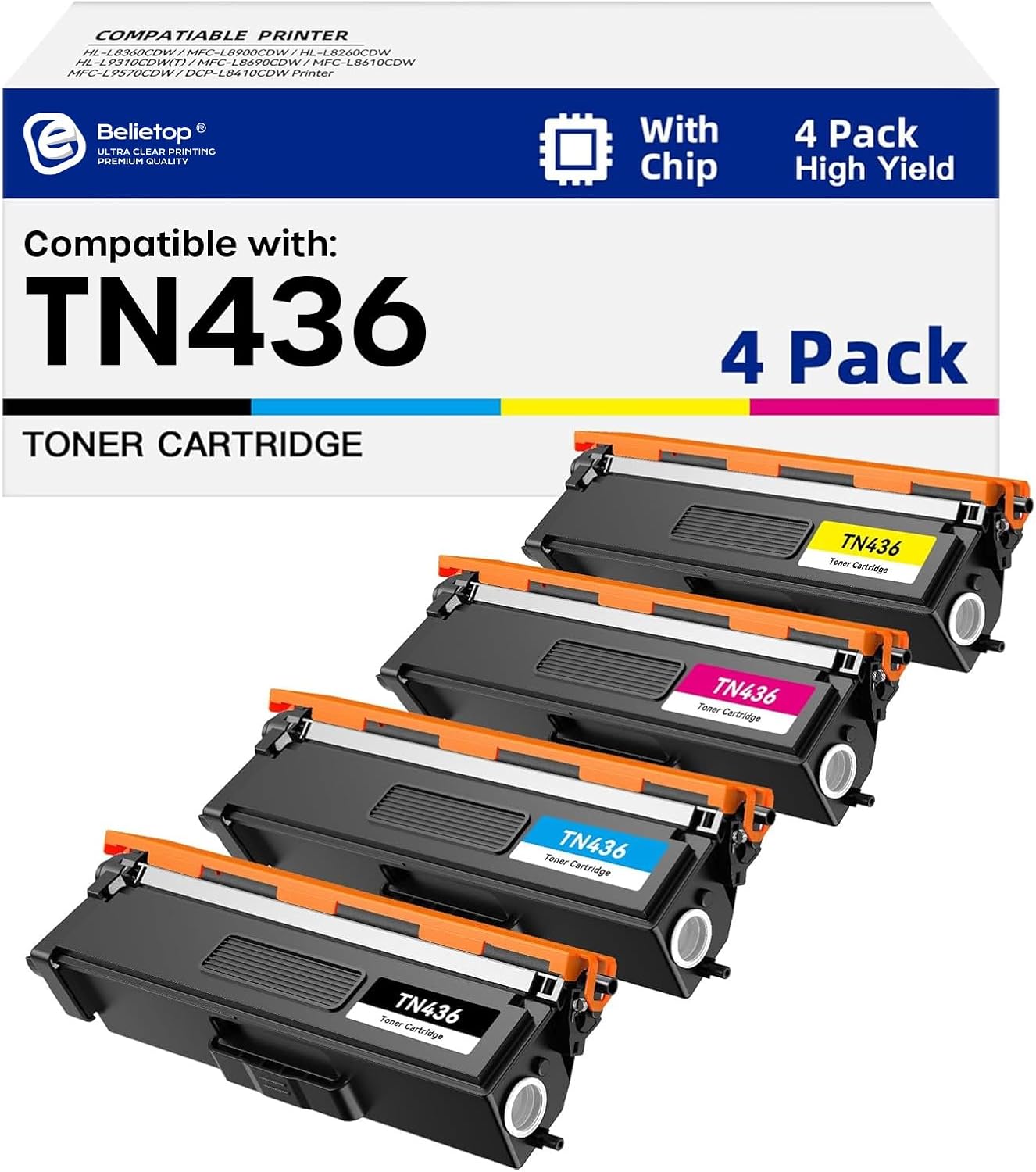 Compatible for TN436 Toner Cartridge High Yield Replacement for Brother TN436 TN433 TN431 Compatible with Brother HL-L8360CDW HL-L8260CDW MFC-L8900CDW MFC-L8610CDW Printer (4Pack, BK/C/Y/M)