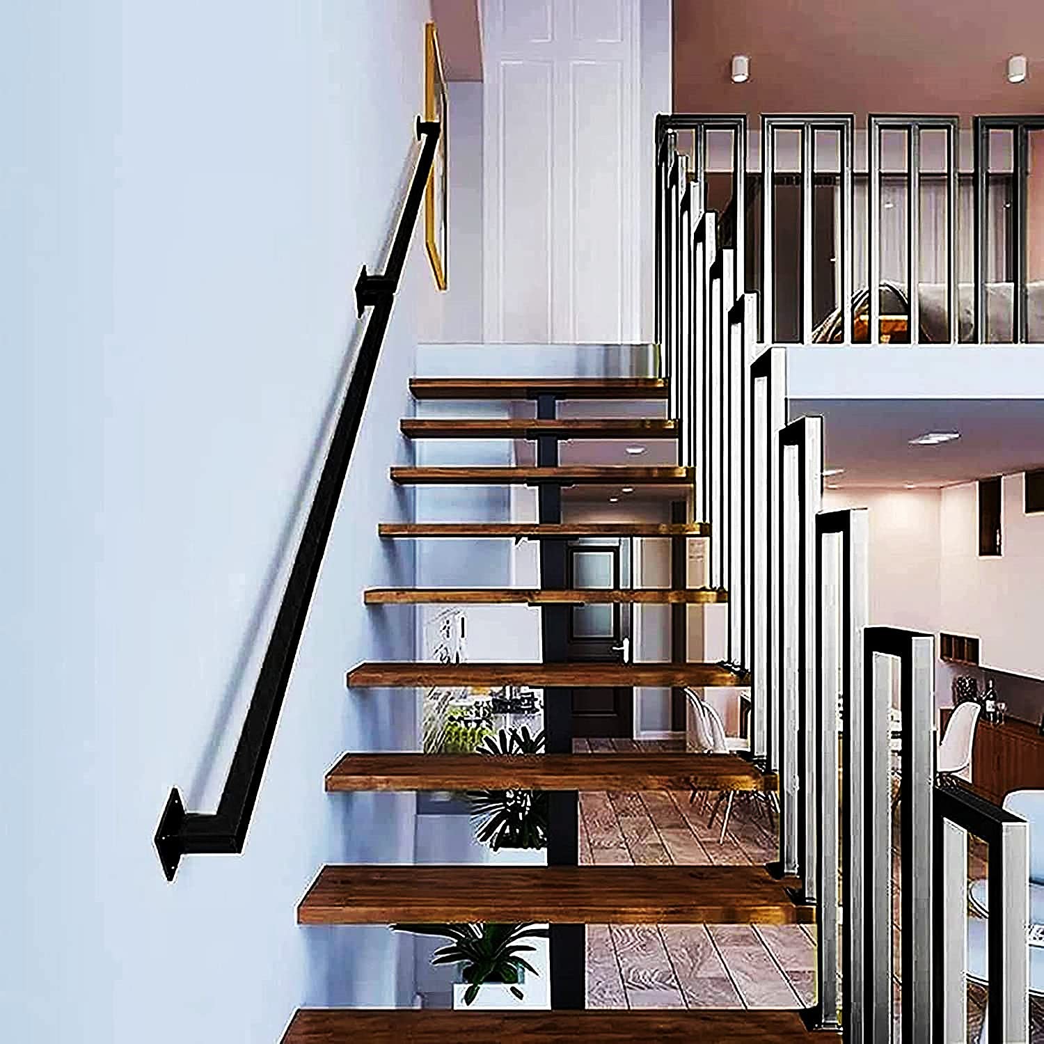 Treppe aus verzinktem Stahl, schwarz, 80 cm, mit einfacher Wandhalterung, für Innen- und Außenbereich, Haus/Gewerbeflächen