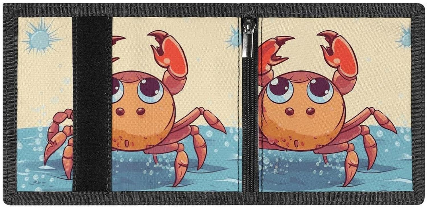 Trifold Canvas Wallet with Keychain, Modern Fashion Credit Card Holder Wallet for Men Women, Summer Cartoon Crab Slim Wallets W/Zipper Coin Pocket, Novelty Birthday Gift