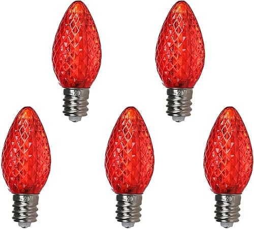Juego de 25 bombillas LED C7 rojas de repuesto para decoración navideña al aire libre, bombillas de candelabro facetadas regulables UL IP65 (rojo)