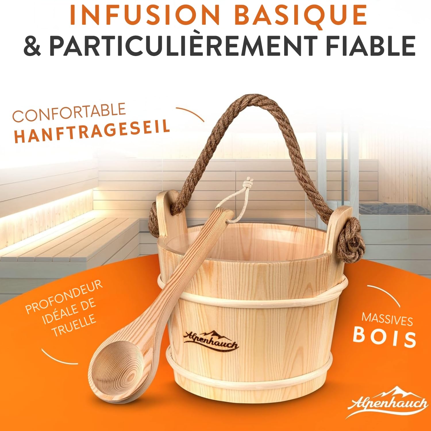 ALPENHAUCH Seau de sauna avec truelle [100% bois naturel] – Seau de sauna élégant avec truelle – Accessoires de sauna durables – Ensemble seau à infusion