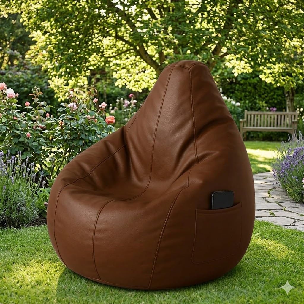 Bean Bag Cover Only | Premium Leatherette Ergonomic Gaming Bean Bag Chair Cover with Mobile Pocket & Double Stitching, No Filler (Brown, XL)-image-16
