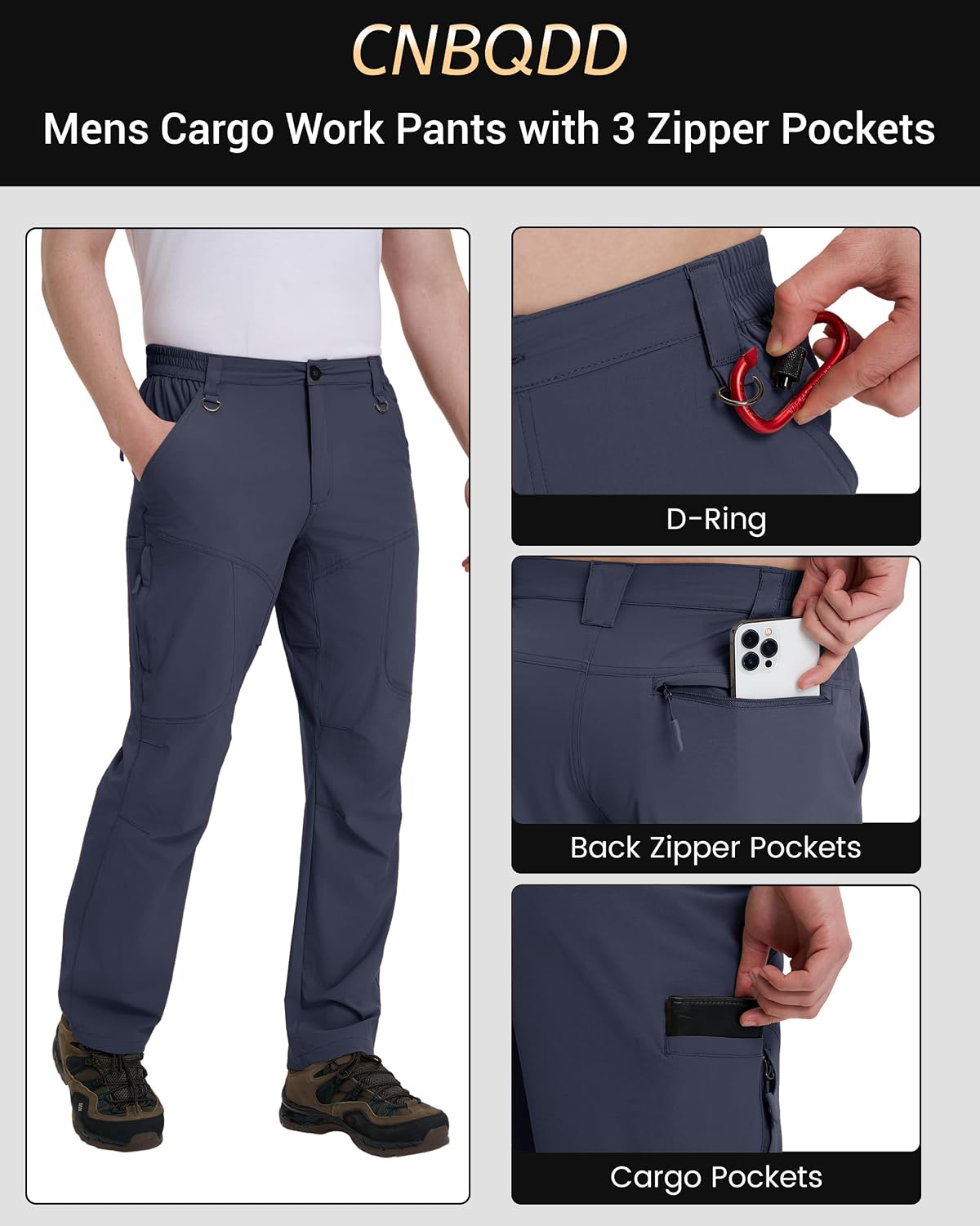 CNBQDD Mens Hiking Pants Quick Dry Water Resistant Lightweight Nylon Cargo Pants Breathable Work Travel Pants with 6 Pockets