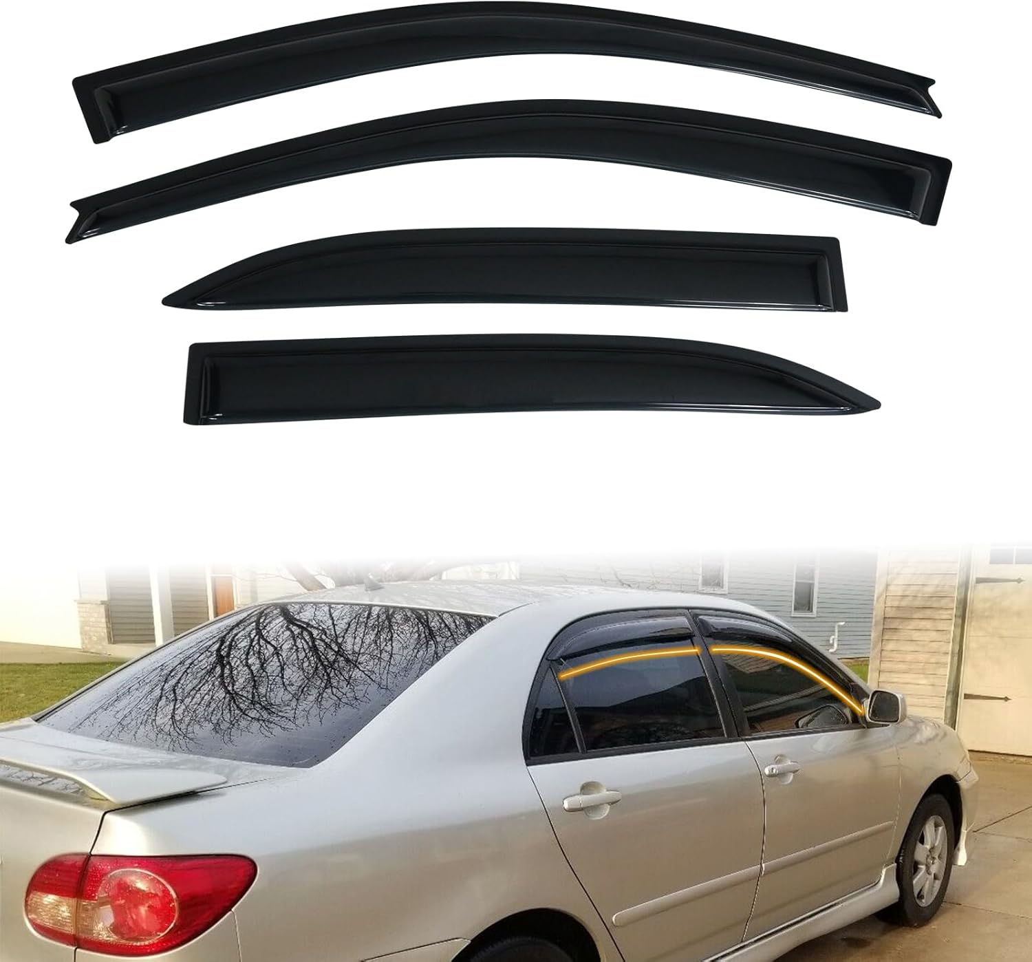 Tape On Window Visor Deflectors Compatible with 2003-2008 Toyota Corolla, Acrylic Slim Style Smoke Tinted Window Rain Guards, Sun Wind Side Vent Visor Set, 4 Pieces