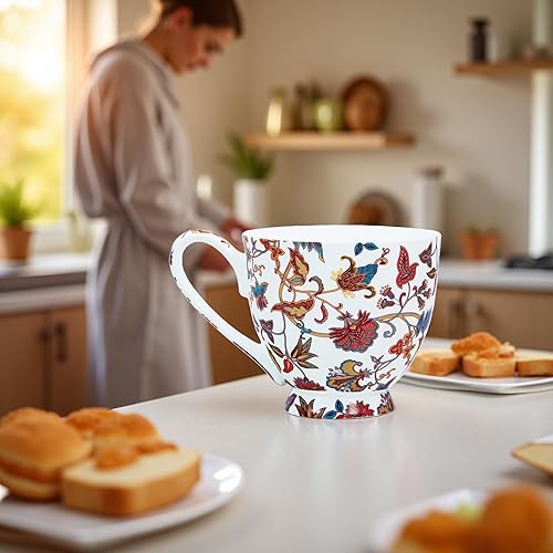 Miniatura 3 de Tazas florales de 16 onzas, taza de café de porcelana de hueso, taza de café, taza de café, regalo para amigo, colega, papá, mamá (rojo)