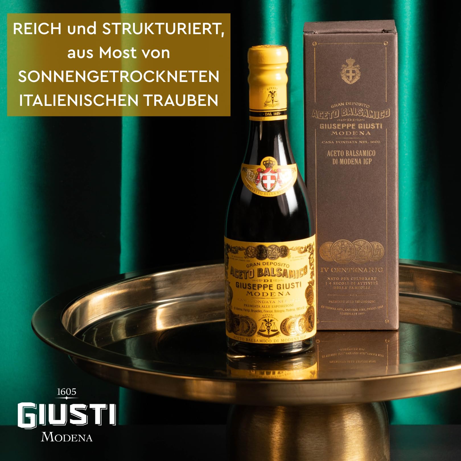 Giusti Quarto Centenrario Aceto Balsamico di Modena IGP – Balsamico-Essig aus Modena 4 Goldmedaillen Traditionsflasche in Geschenkpackung (1 x 0.25 l)
