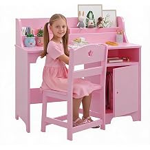 Pink MDF Kids Desk Chair Storage Shelf Toddler Study Table